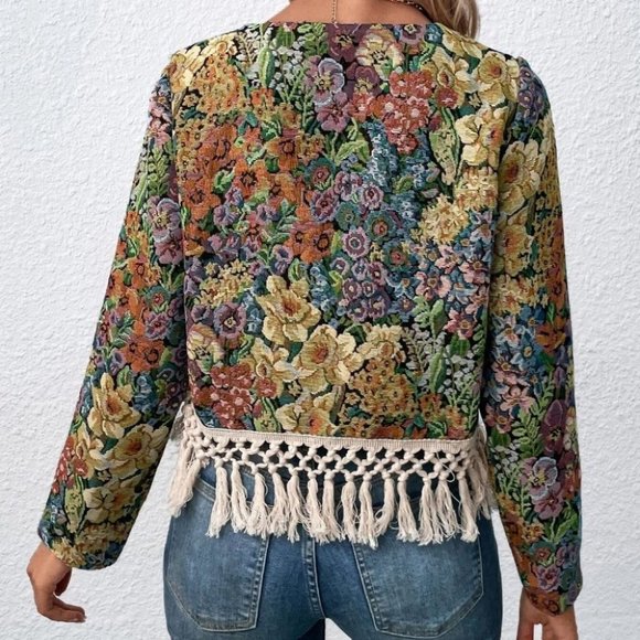 Green Preppy Womens Floral Print Open Front Fringe Hem Jacket - Picture 2 of 5